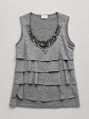 Lavish Grey Tiered Sleeveless Top with Embellished Neckline
